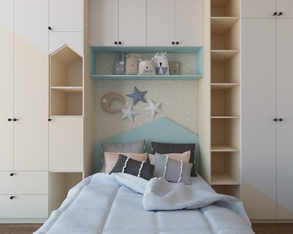 Два шкафа, кровать и полка из комплекта мебели для детской Блум