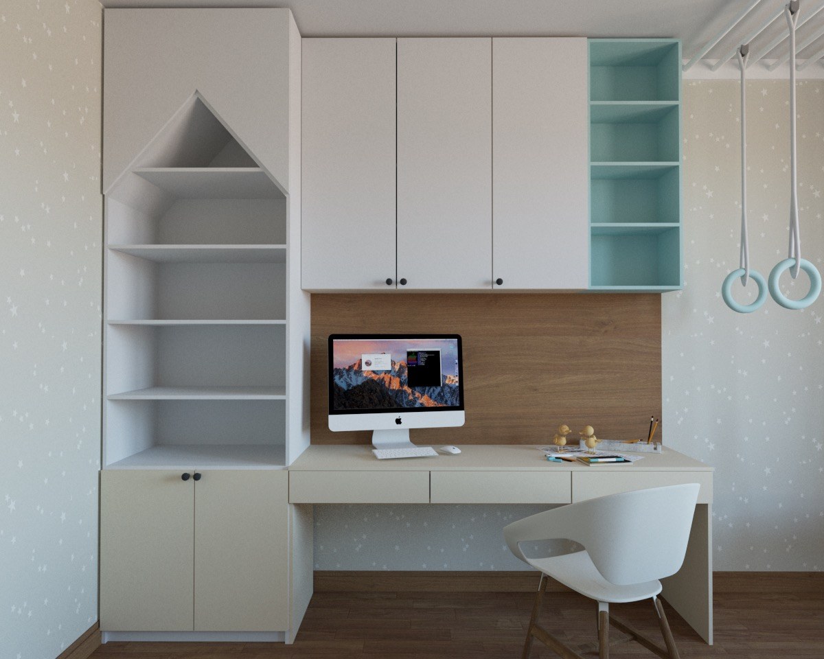 Вид на рабочий стол и шкаф для книг в детской Блум фото