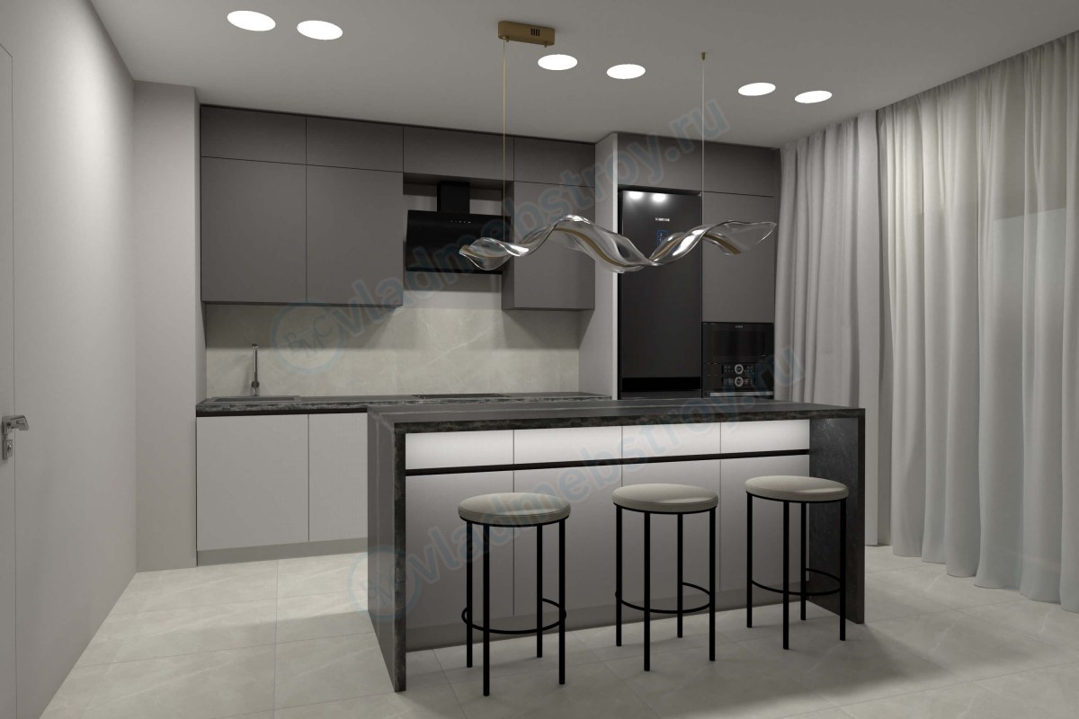 Темный кухонный гарнитур с островом Лофотен