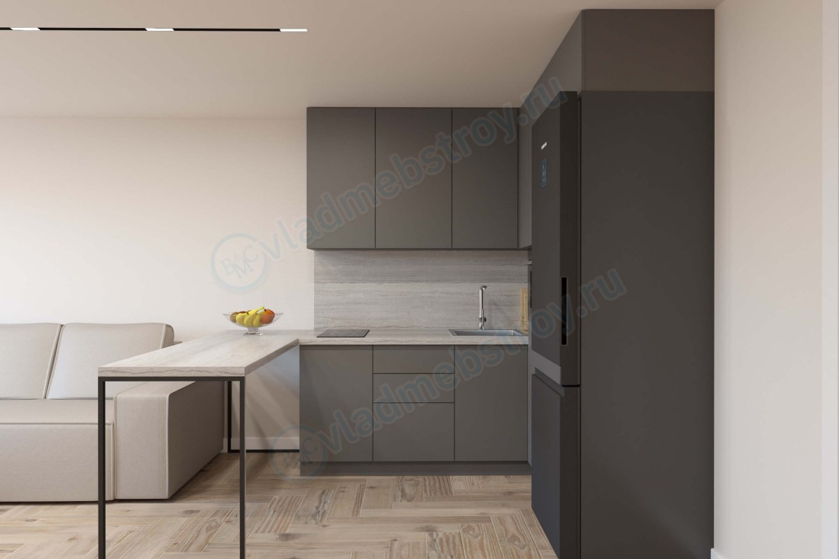 Компактная угловая кухня с барной стойкой