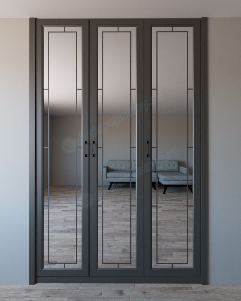 Темный фасад шкафа с зеркалом с пескоструйным напылением