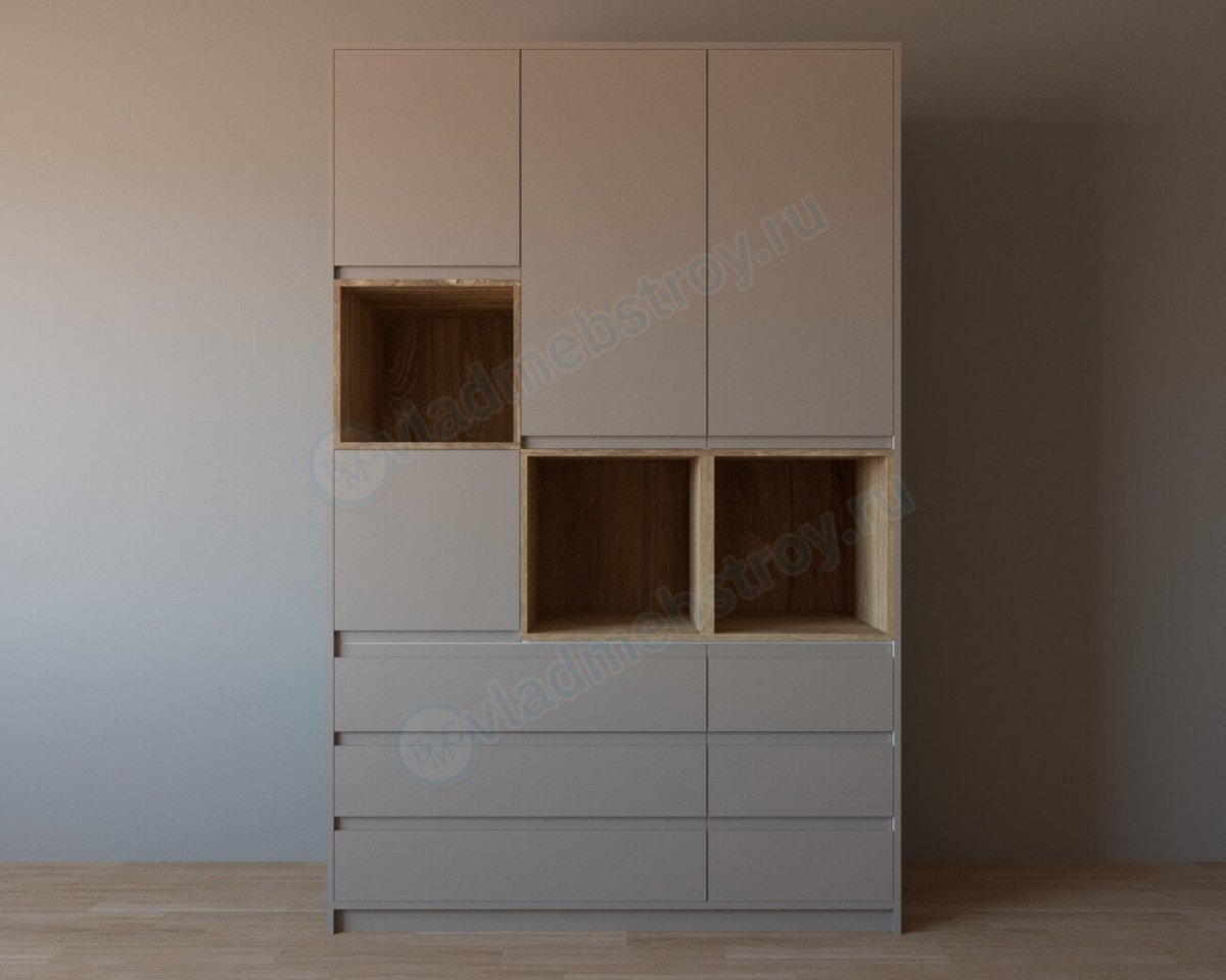 Качественный шкаф с распашными дверцами, полками и ящиками